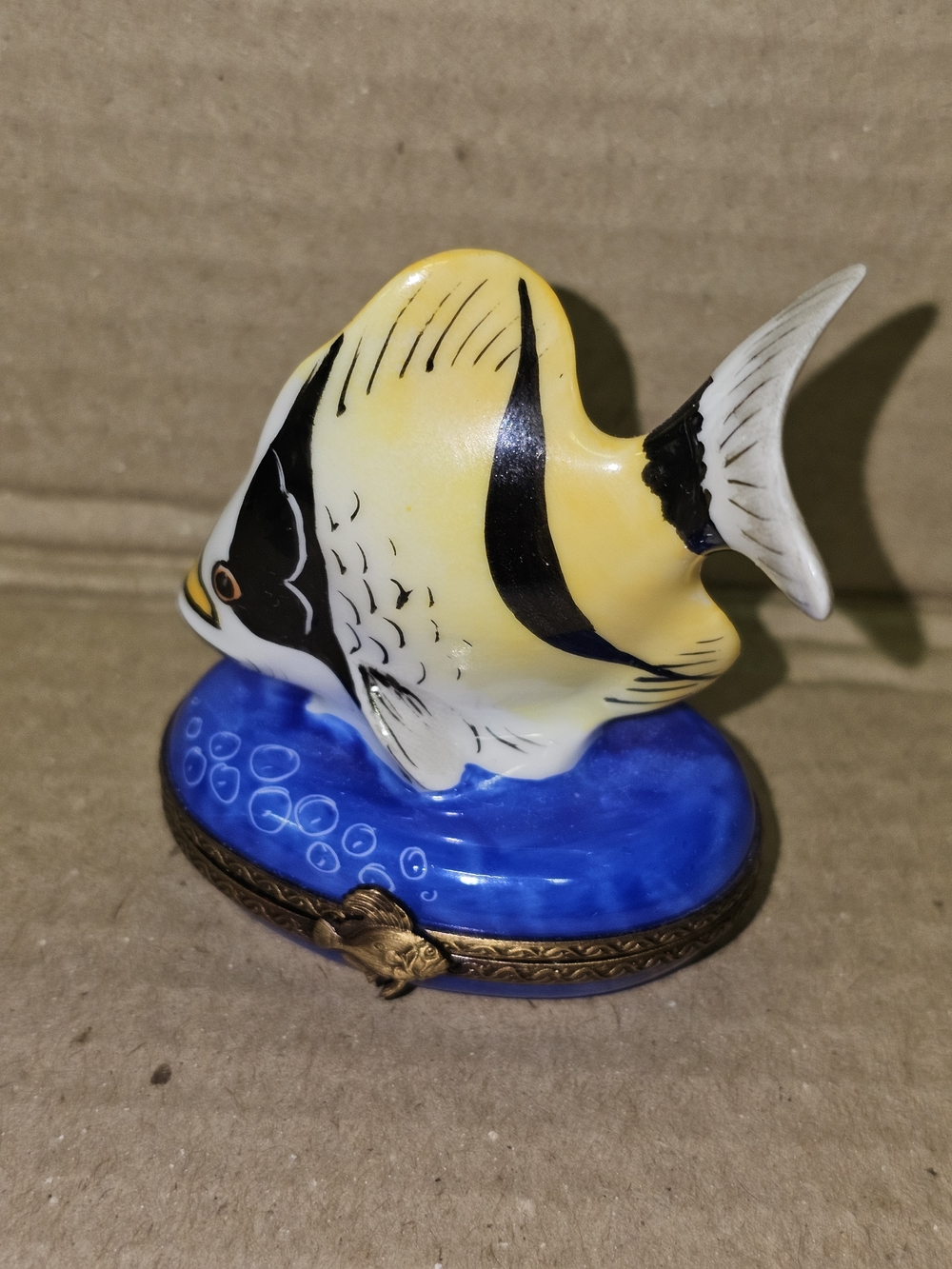 Limoges Yellow and Black Angelfish Trinket Box on Blue Base